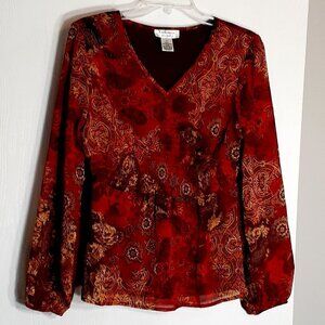 KATHERINE NEW YORK Long Sleeve Smocked Chiffon Tunic; Rust/Gold/Brown Size Small